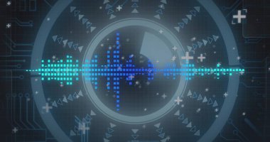 Ekranda HUD halkaları, ızgara, devre çizgileri ve parçacıkları gösteren pixelated dalga biçimi gösteriliyor. Gelecekçi, neon, dijital, arayüz, devre, matris, daireler