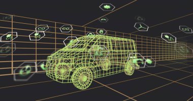 Parlayan neon kablo minibüs turuncu ızgara tünelinde hareket ediyor, karbondioksit dolgu yaprağı simgeleriyle. Araç, kargo, 3D, görselleştirme, emisyonlar, parıltı, altıgen