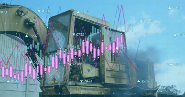 Paslı ezici ünitesi, hortum ve çizelgeleri gösteren karavanda dönen varili gösteriyor. Sanayi, makine, aşınmış, açık hava, tesis, veri, bilgi grafikleri