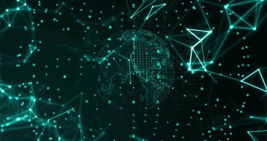 Parlak düğümler ve ince çizgiler ile sanal ağda dönen noktalı dijital küre gösteriliyor. Küre, üçgen, örgü, deniz mavisi, neon, fütüristik, görselleştirme