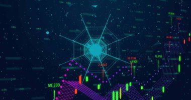 Gösterge panelinde kırmızı şamdan çubukları ve mor noktaları birbirine bağlayan cyan radyal ağ atımı. Ağ, yıldız, geometri, neon, parıltı, ızgara çizgileri, eğriler