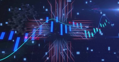 Santral mavi şamdan çubukları turkuaz trend çizgisi ile koyu dijital ekranda yükseliyor. Neon, devre, ızgara, grafik, veri, analitik, fütüristik