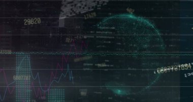 Gece şehrinde parlayan deniz mavisi parçacıkları, eflatun mavisi çizelgeler, sayılar, kopyalama alanı. Veri, analitik, gösterge paneli, holografik, neon, kentsel, ufuk çizgisi