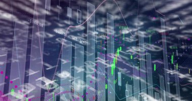Sanal gösterge panelinde açık çubuklar ve yeşil mumlar gösteren merkezi pazar grafik kümesi gösteriliyor. Şamdanlar, yukarı trend, dağılım, kılavuz çizgileri, veriler, görselleştirme, neon
