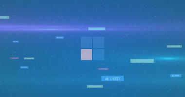 Yüzen dört camlı şeffaf ızgara, mavi LIKED rozetli pembe pencereyi dijital arayüzde gösteriyor. Gradyan, neon, soyut, minimalist, kare, merkez, yıldızlar