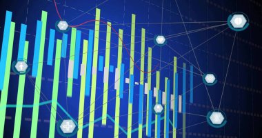 Koyu mavi ekranda veri tablosu gösteriliyor. Yeşil-mavi çubuklar, kırmızı Cyan çizgileri, altıgen düğümler. Neon, parıltı, gösterge paneli, görselleştirme, ağ, ızgara, fütürist