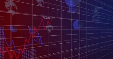 Gösterge paneli gösteriyor ki kırmızı + 5.09% ve mavi dalgalanan çizgiler ızgara, eksen keneleri, matris ile. Veri, grafik, analitik, eğilim, eğim, derinlik, dünya