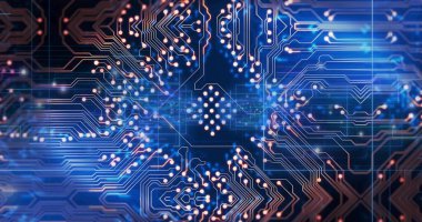 Parlayan altıgen çip motifi, koyu mavi panoya bakır yayıyor, parlayan düğümler gösteriyor. Devre, neon, cyan, simetri, geometrik, veri akışı, matris