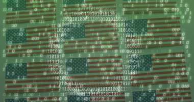 Değişken ikili haneli Amerikan bayrakları ve ekran ızgaraları monitörde, veri motifinde gösteriliyor. Amblemler, desenler, bitler, kod, siber güvenlik, dijital, ekran