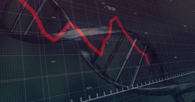 Koyu renk ızgarada yarı saydam DNA çift sarmalını eksen keneleriyle kesen kırmızı çizgili çizelgeyi gösteriyor. Kırmızı, yörünge, genetik, molekül, veri, fütürist, metalik