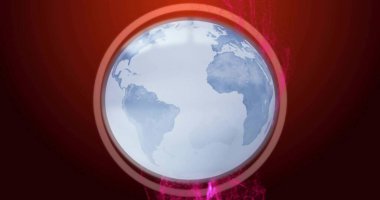 Döner şekilli küre, mavi kıtaları dijital arka planda, parlayan kenarlarda ve mor dumanlarda gösteriyor. Toprak, küre, halka, parıltı, neon, gradyan, fütürist