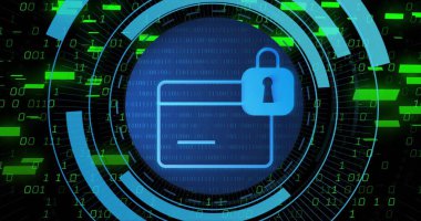 Mavi klasör ve asma kilit simgesinin sanal gösterge panelinde döndürülmesi, ikili haneli yayınlar. Siber güvenlik, şifreleme, veri, koruma, arayüz, hud, neon