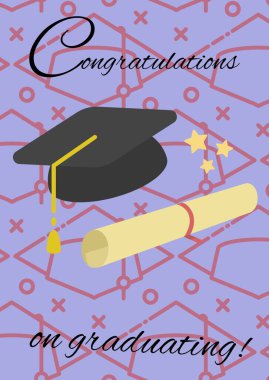 Mezuniyet ikonlarına karşı mesaj ve mezuniyet şapkası ve diploma diploması ikonalarını tebrik ederim. mezuniyet töreni ve davetiye şablonu tasarım kavramı