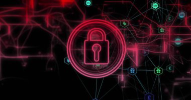 Sanal ağda, altıgen düğümlerle eşmerkezli halkaların içinde titreşen parlak neon asma kilit ikonu. Kilit, güvenlik, şifreleme, ağ, siber uzay, dijital, soyut