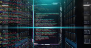 Veri merkezi koridorunda, sunucu raflarını, LED 'leri gösteren sanal görüntüler yayınlanıyor. Panel, kod, arıza, deniz mavisi, neon, kablo, zemin