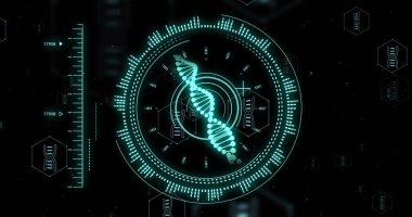 Dairesel HUD içinde parlak DNA sarmalları, radyal keneler, altıgen paneller ve sol ölçekte gösteriliyor. Genomik, arayüz, fütüristik, biyoteknoloji, tanı, devreler, neon