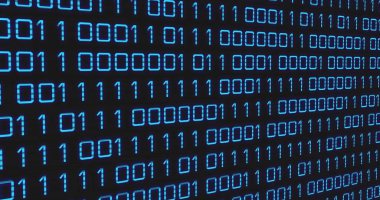 Ekranda tekrarlanan ikili haneli basamakları gösteren büyük elektronik ekran gösteriliyor, cyan parlaklığı. Izgara, matris, bitler, kod, panel, neon, siber