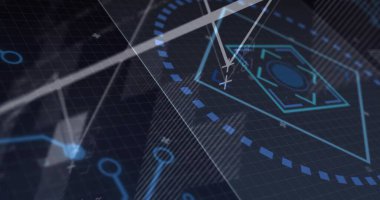 Karanlık şebeke düzlemi üzerinde pusula iğnesi olan uğursuz hedef gösteriliyor, kesik iz, vektörler, kopyalama uzayı. Fütürist, hud, arayüz, gösterge paneli, neon, cyan, deniz mavisi