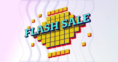 Üç boyutlu FLASH satışı başlığı tanıtım pankartıyla sarı küp ızgarasını aşan dağınık küplerle. 3D, izometrik, bloklar, canlı, retro, popart, gradyan