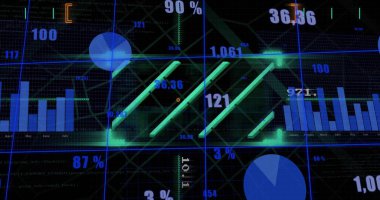 Koyu gösterge panelinde 121 numaralı sayısal etiketli ve ızgaralı üç köşegen parlayan yeşil çubuk gösteriliyor. Neon, geleceksel, arayüz, analitik, devre, veri, görselleştirme