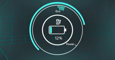 Sanal 3 boyutlu ızgarada merkezi enerji göstergesi gösteriliyor. Yüzükler ve dolgu ikonu% 12 pil gösteriyor. Hud, ui, cyber, neon, cyan, teal, futuristik