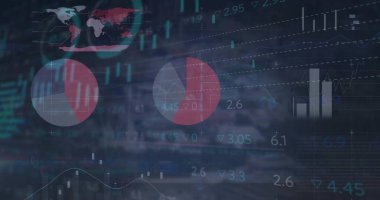 Karanlık ekranda iki turta grafiği, şamdan ve çizelge çizelgesi gösteriliyor. Görselleştirme, veri, analiz, finans, çubuk, ızgara, dünya