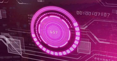 Mor gradyan kontrol paneli üzerinde dönen merkezli dairesel HUD görüntüleme, sayı 657 gösteriliyor. Fütürist, arayüz, daireler, izler, okuma, neon, dijital