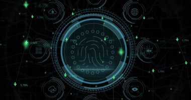 Arayüz, halka, simge, düğüm, yeşil oklar, yüzde etiketler üzerinde merkezi parmak izi tarayıcısı gösteriliyor. Siber güvenlik, biyometrik, hud, gösterge paneli, ağ, dijital, neon