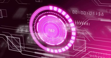 Koyu renk GUI 'de 782 ve 00: 05: 18' i gösteren merkezi HUD halkalarının görüntülenmesi. Neon, geleceksel, arayüz, dijital, matris, parıltı, siber