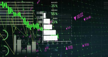 Koyu 3D ızgarada karmaşık finansal görüntü gösteriliyor. Yeşil şamdan, istiflenmiş çubuklar ve göstergeler görünüyor. Kontrol paneli, analitik, ticaret, neon, fütüristik, veri, metrik