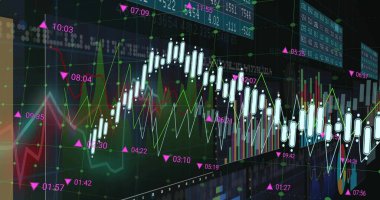 Renkli çizgiler ve morumsu işaretlerle siyah ekranda beyaz şamdan çubukları gösteriliyor. Neon, parıltı, gösterge paneli, bilgi, finans, analiz, ızgara