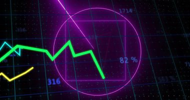 Dijital ızgaradan geçen neon yeşil çizgili çizgi grafiği% 82 morumsu daireyi gösteriyor. Hud, gösterge paneli, parıltı, fütürist, siber, analitik, görselleştirme