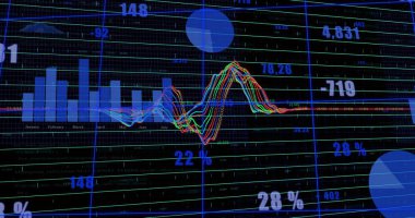 Neon çizgileri ve mavi çubuk grafiği mavi ızgarada gösteriliyor, sayısal etiketler ve soluk daireler gösteriliyor. Çokrenkli, görselleştirme, zaman serisi, gösterge paneli, analitik, metrik, cyan