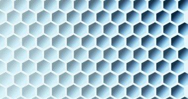 Soyut grafik boyunca tekrarlayan altıgen hücreler gösteriliyor, eğimli kenarlar, çapraz kapaklar. Bal peteği, tessellasyon, ızgara, şablon, geometrik, gradyan, mavi