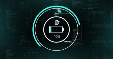 Koyu renk GUI 'de merkezi pil parçacığı gösteriliyor, cyan halka, pil + ingiliz anahtarı,% 10, eko veya güç, kod. Gösterge paneli, neon, ikili, deniz mavisi, bilgi, minimalist, fütürist