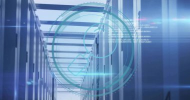 Veri merkezi koridorunda havalandırmalı kapılar ve LED göstergeleri olan sunucu rafları taranıyor. Koridor, dolap, kablo, kablo, artırılmış, mavi, fütüristik