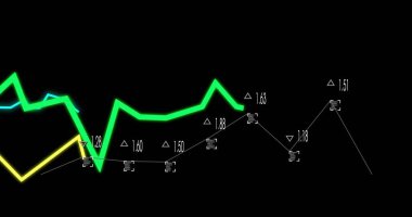 Siyah gösterge panelinde parlayan neon-yeşil çizgili çizgi grafiği, sarı, cyan izleri. Görselleştirme, veri, parlaklık, bilgi, karanlık, minimalist, analitik