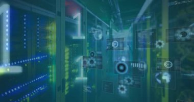 Animation of data processing and binary coding against computer server room. Computer interface and business data technology concept