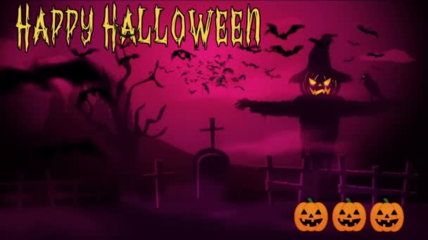 Feliz Halloween Festival Animación Riendo Calabaza Murciélagos Voladores Con Texto — Vídeos de Stock