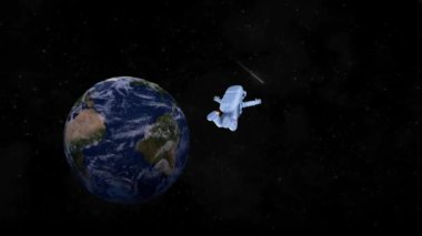 Astronot Dönüşü ve Güneş Arkaplanı ile Dünya Dönüşü. Kusursuz Döngüsüz 3D Animasyon Açık Uzayda Dönen Astronot. Astronot Dünya yörüngesi arka planında dönüyor.