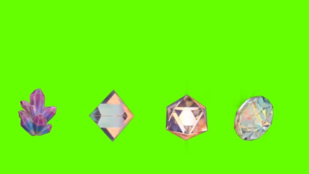 グリーンスクリーン上のダイヤモンドの宝石背景 Animation グリーンマットでクリスタルダイヤモンドモーショングラフィックスを回転させます Chrom — ストック動画