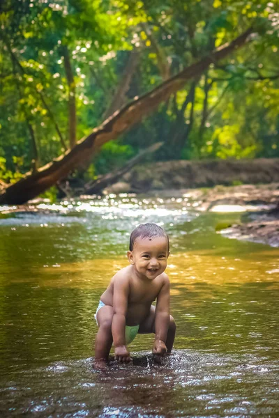 Little Cute Baby Boy Playing River Water Portrait Boy Child Royalty Free Stock Images