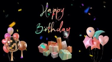 Doğum günü tebriği ve Konfeti Düşen 4K animasyonu. Renkli parti, renkli konfeti ve hediye dansı geçmişi olan soyut, kusursuz Mutlu Yıllar metni.