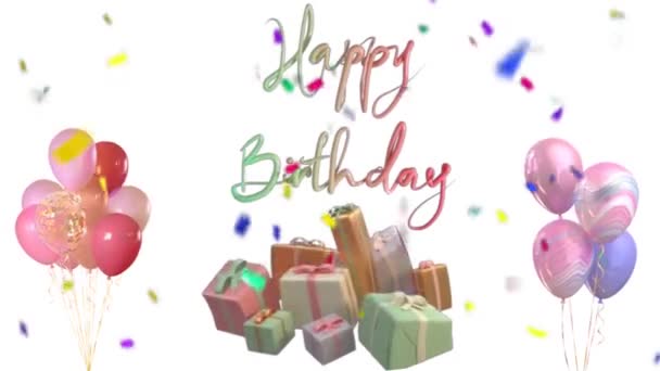 生日祝福语和纸屑飘落4K动画 带着五彩缤纷的派对 五彩缤纷的糖果和礼物舞蹈背景的生日快乐文章 — 图库视频影像