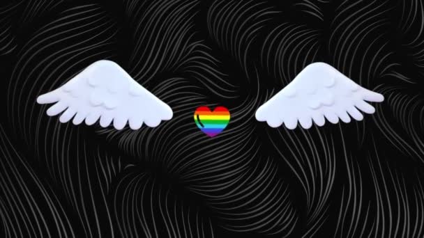 Multicolor Heart Beat White Angle Wings Black Background Animations Izolovaná — Stock video