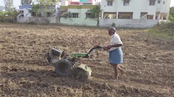 2021年2月11日 インド チェンナイ 農業用の土地を耕すために古いトラクターを使用する高齢農家 晴れた日にはトラクターを使って土を耕す農家 — ストック動画