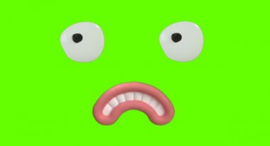 Yeşil ekranda gözleri ve ağzı olan komik çizgi film reaksiyonu. Yüz İfadesi 4K animasyonu. Farklı ifadeler ve duygular: gülümse, sinirlen, gül, şaşırt. 3B Canlandırmalar.