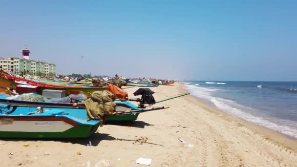 Chennai Inde Mars 2021 Pêcheurs Tamouls Bateaux Pêche Bois Avec — Video