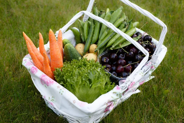 Fresh organic food in white basket — Stock Photo, Image