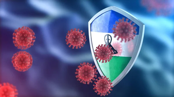 Coronavirus Sars-Cov-2 safety barrier. Steel shield painted as Lesotho national flag defend against cells, source of covid-19 disease. Security armor, virus protection concept. 3D rendering